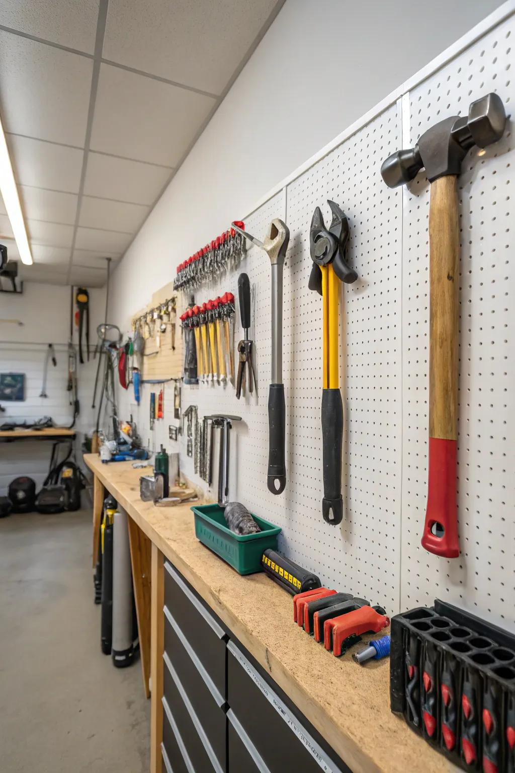 Wall-mounted organizers free up floor area and keep tools close by.