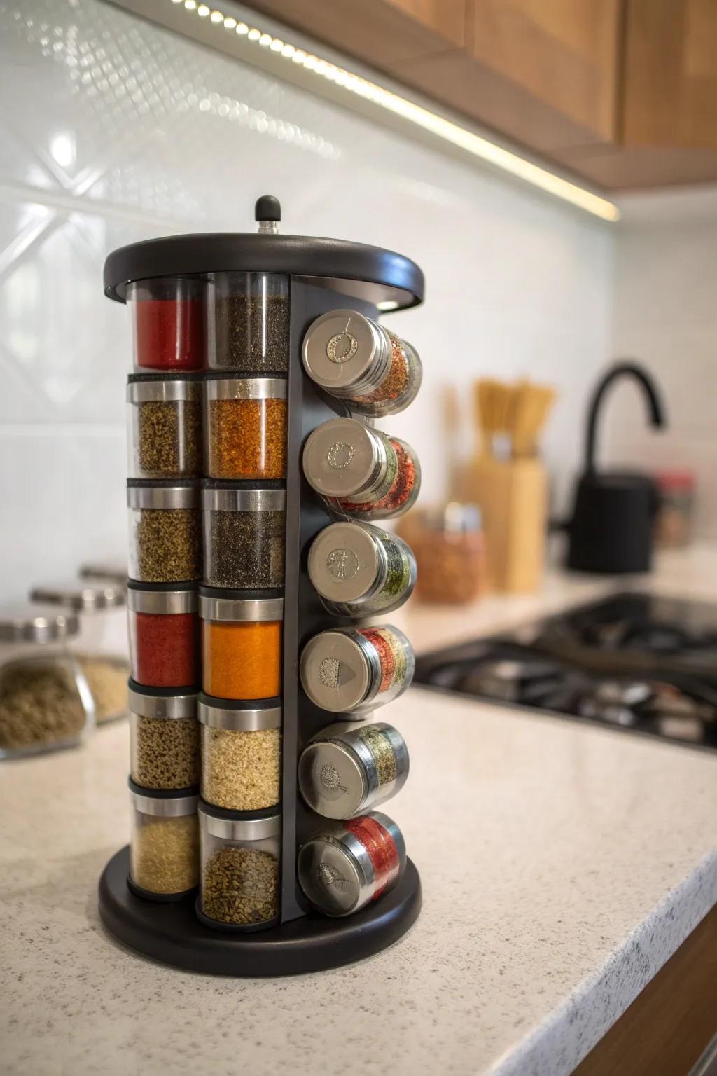 A revolving spire maintains compact and accessible spices.