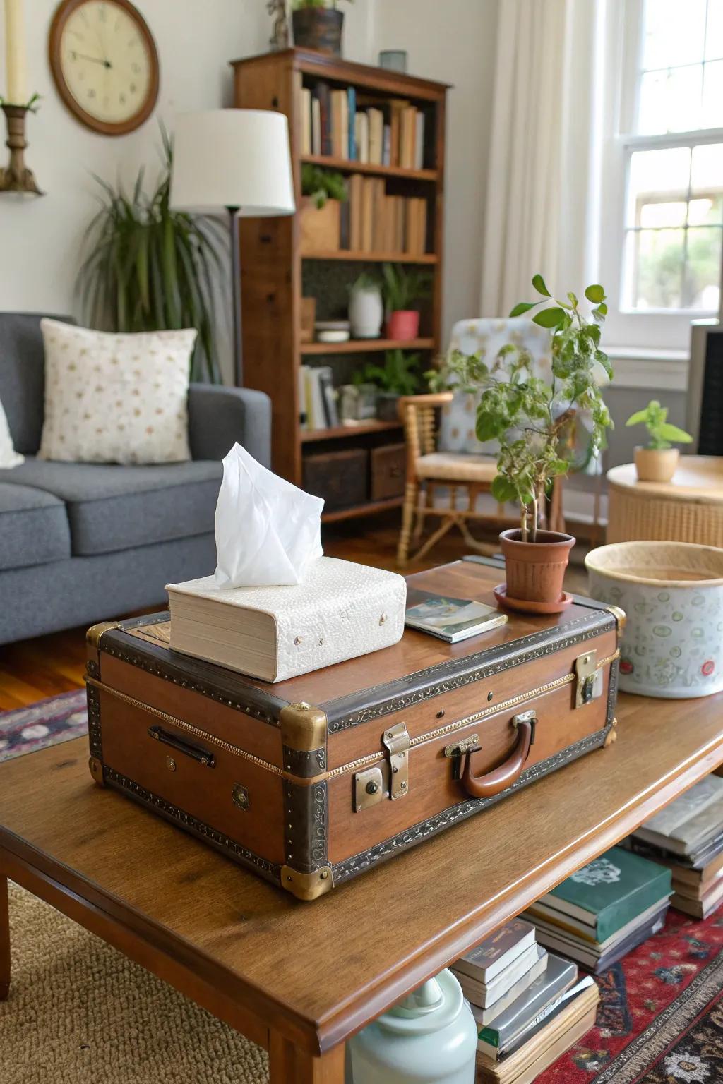 A timeless suitcase enriches tissue paper storage.