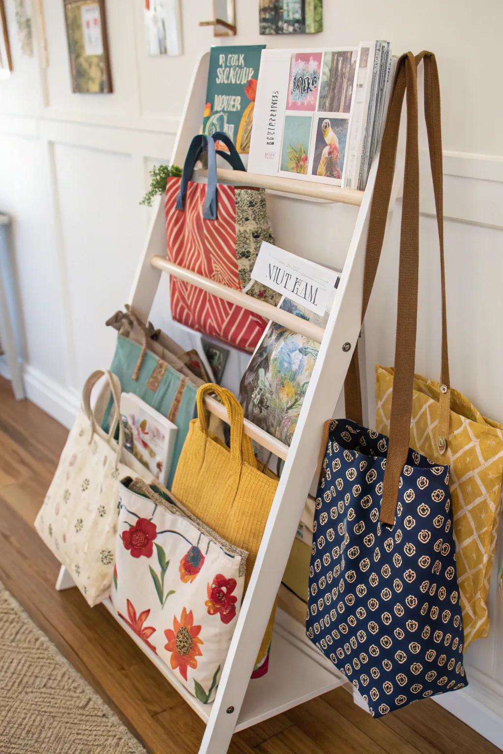 For tote storage, a magazine holder offers unexpected utility.