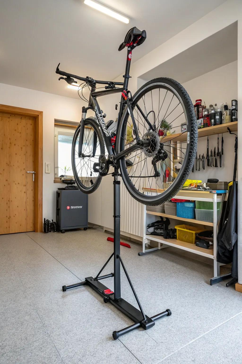 Portable bicycle stands provide flexible storage options.