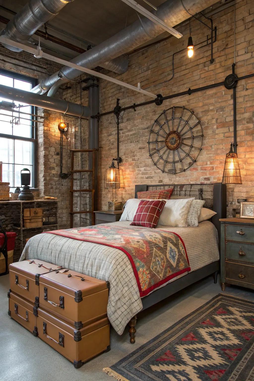 Reclaimed manufacturing artifacts contribute authenticity to this bedroom.