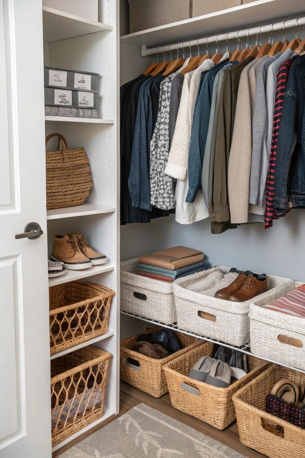 Optimize storage using versatile under-shelf baskets in your closet.