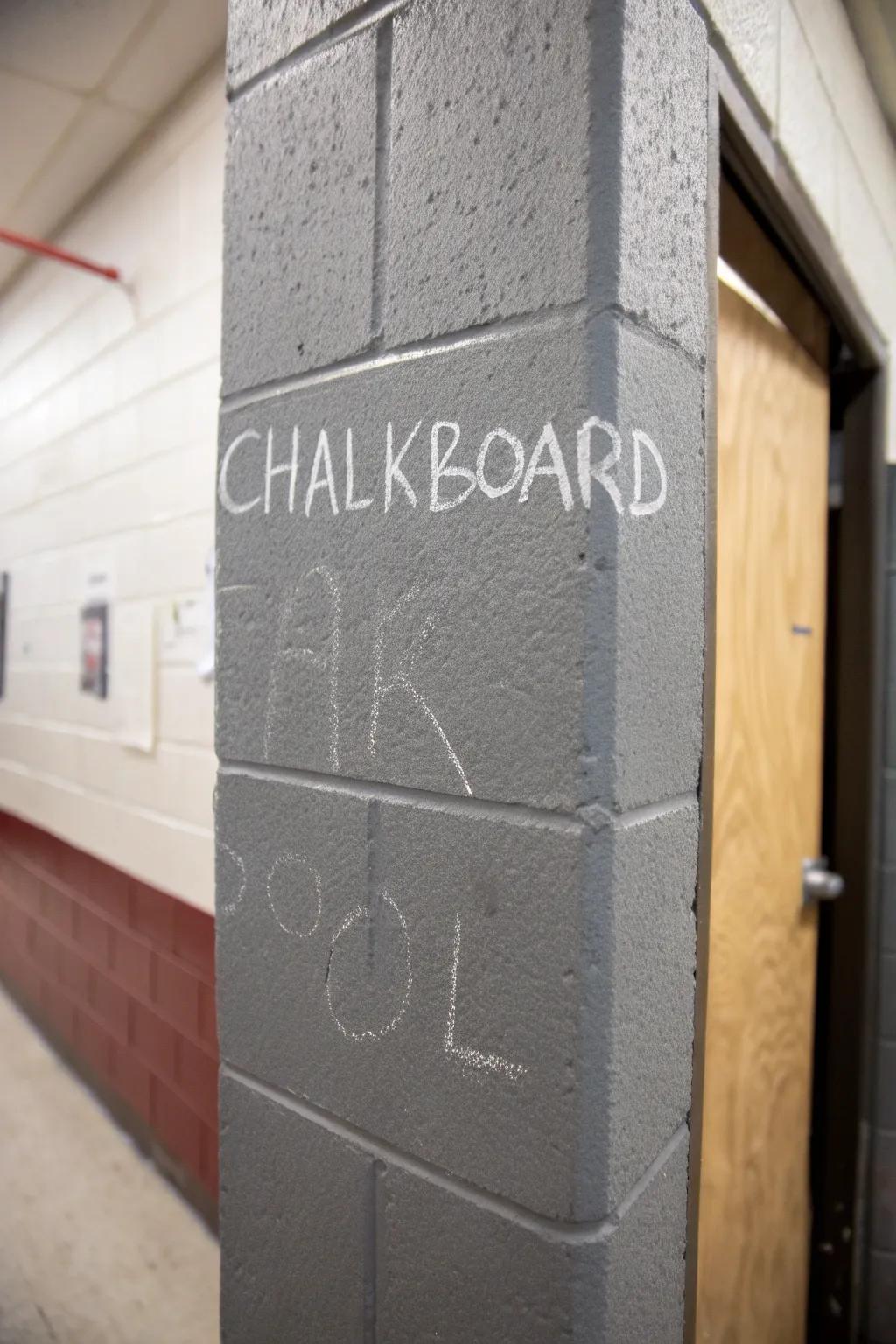 A chalkboard-paint section adds fun to a cinder block wall.