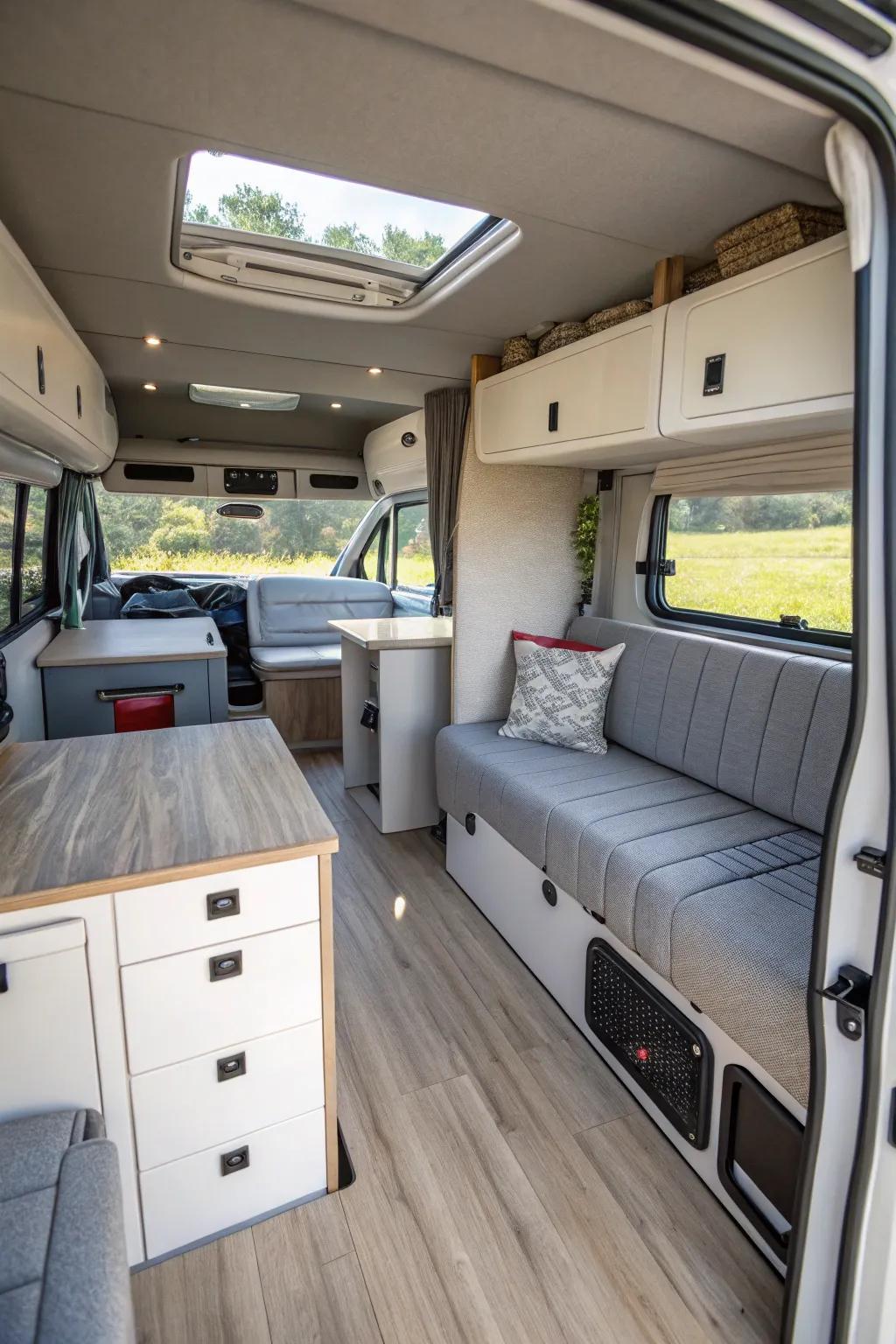 Multi-purpose furnishings that maximize area and usefulness inside the RV.