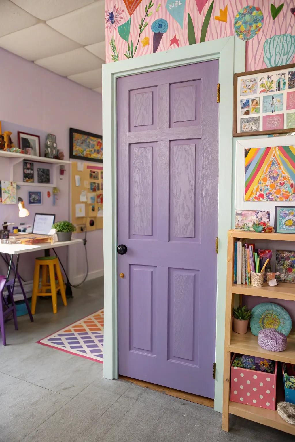 Lilac doors adding a whimsical, soothing touch.