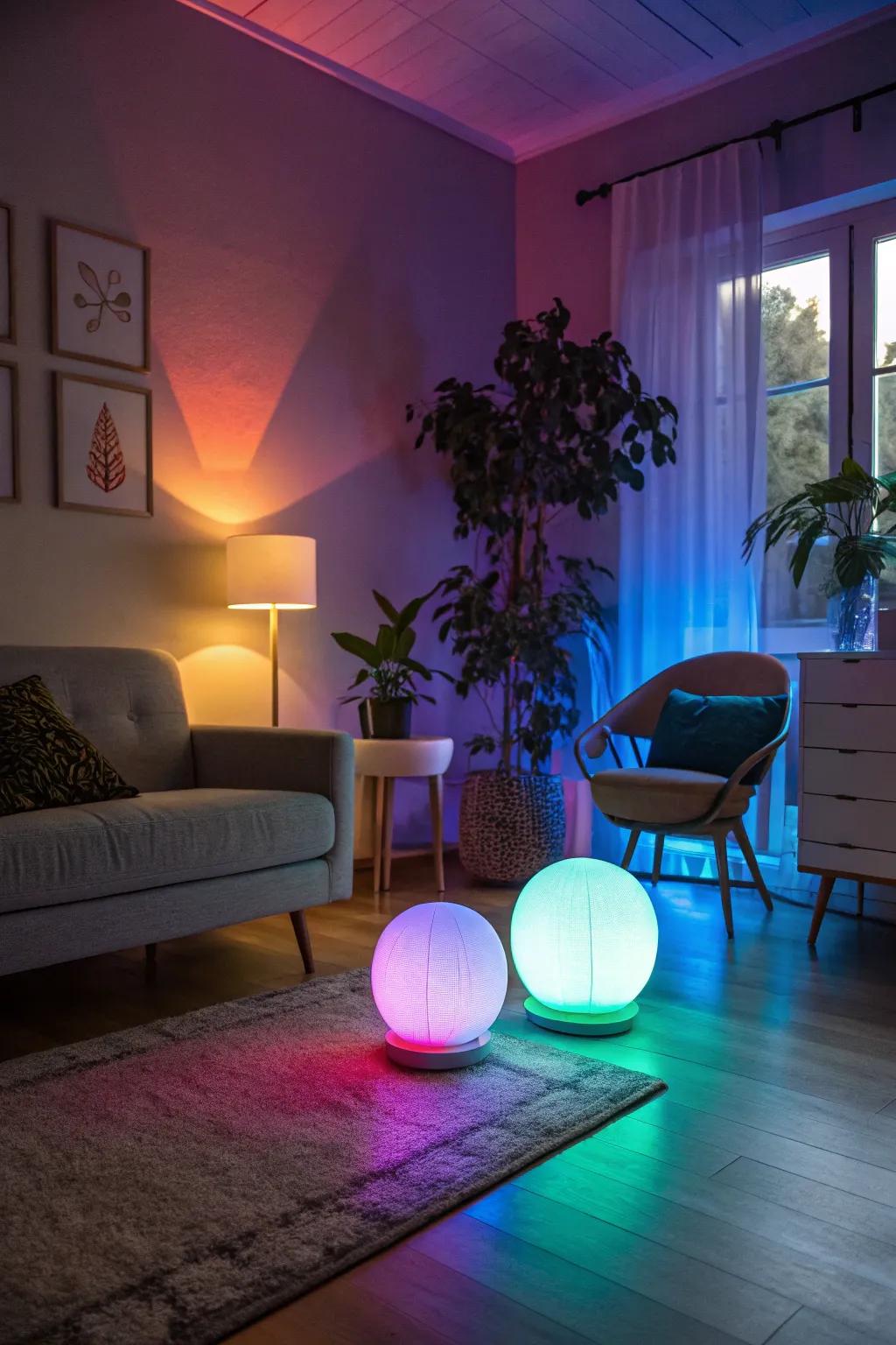Hue-modifying lights transforming the vibe of a room.