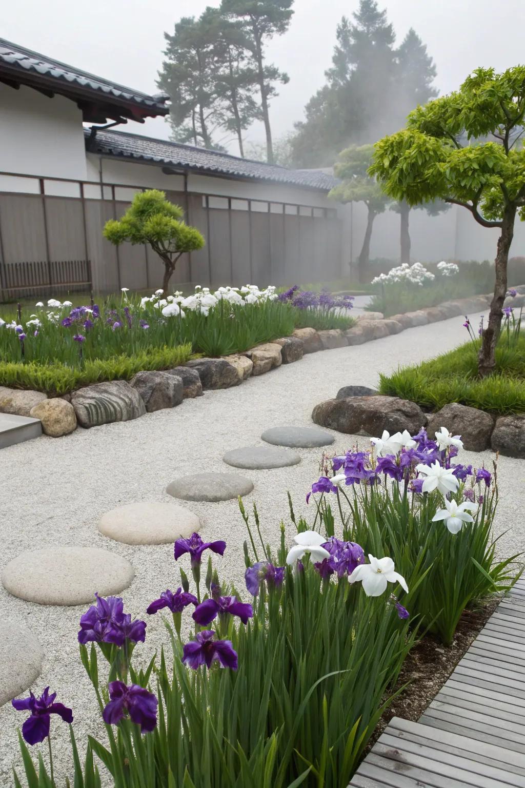 A peaceful Zen garden featuring glimmer flowers for meditation and rest.