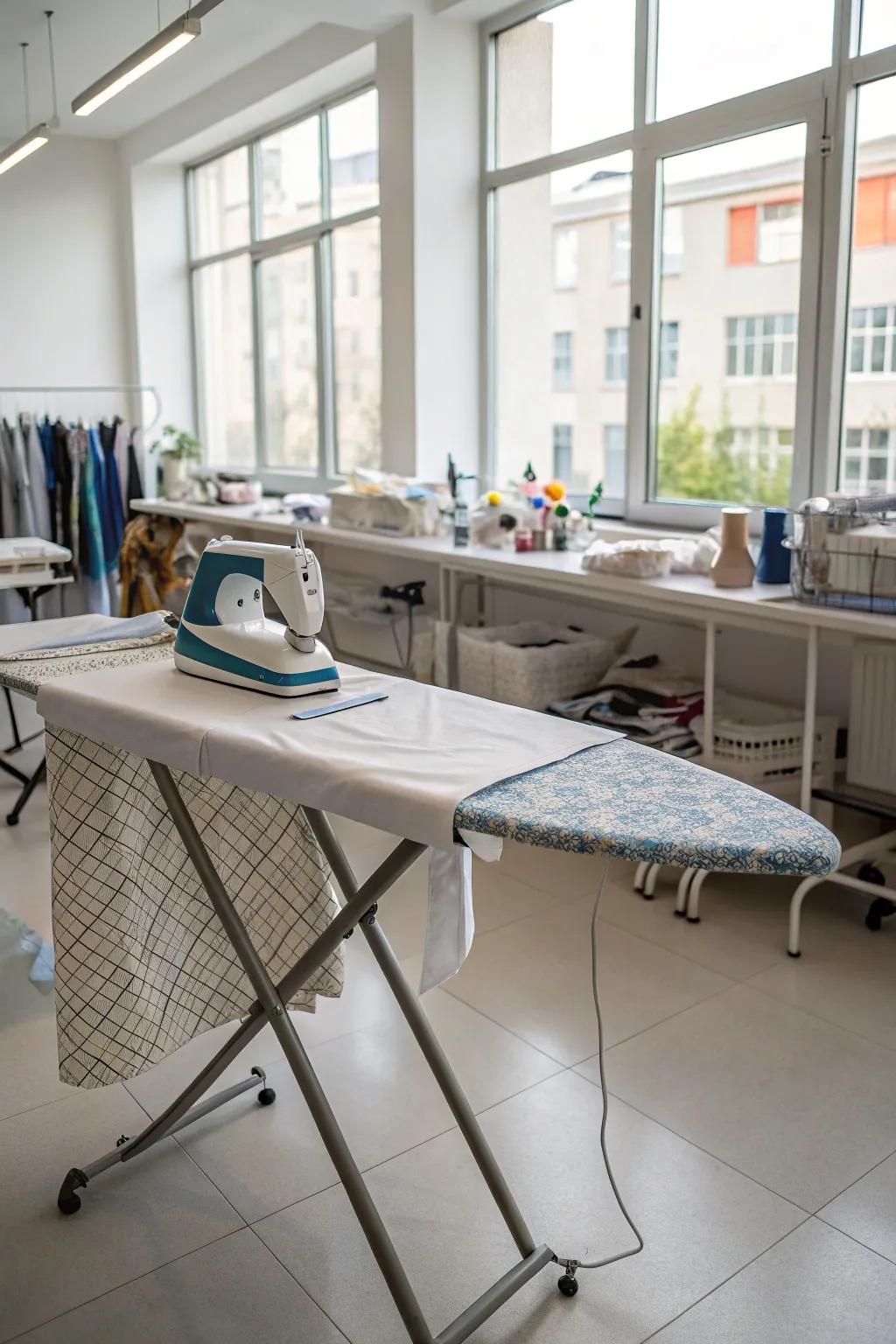 A pop-up ironing surface center in a professional sewing studio.