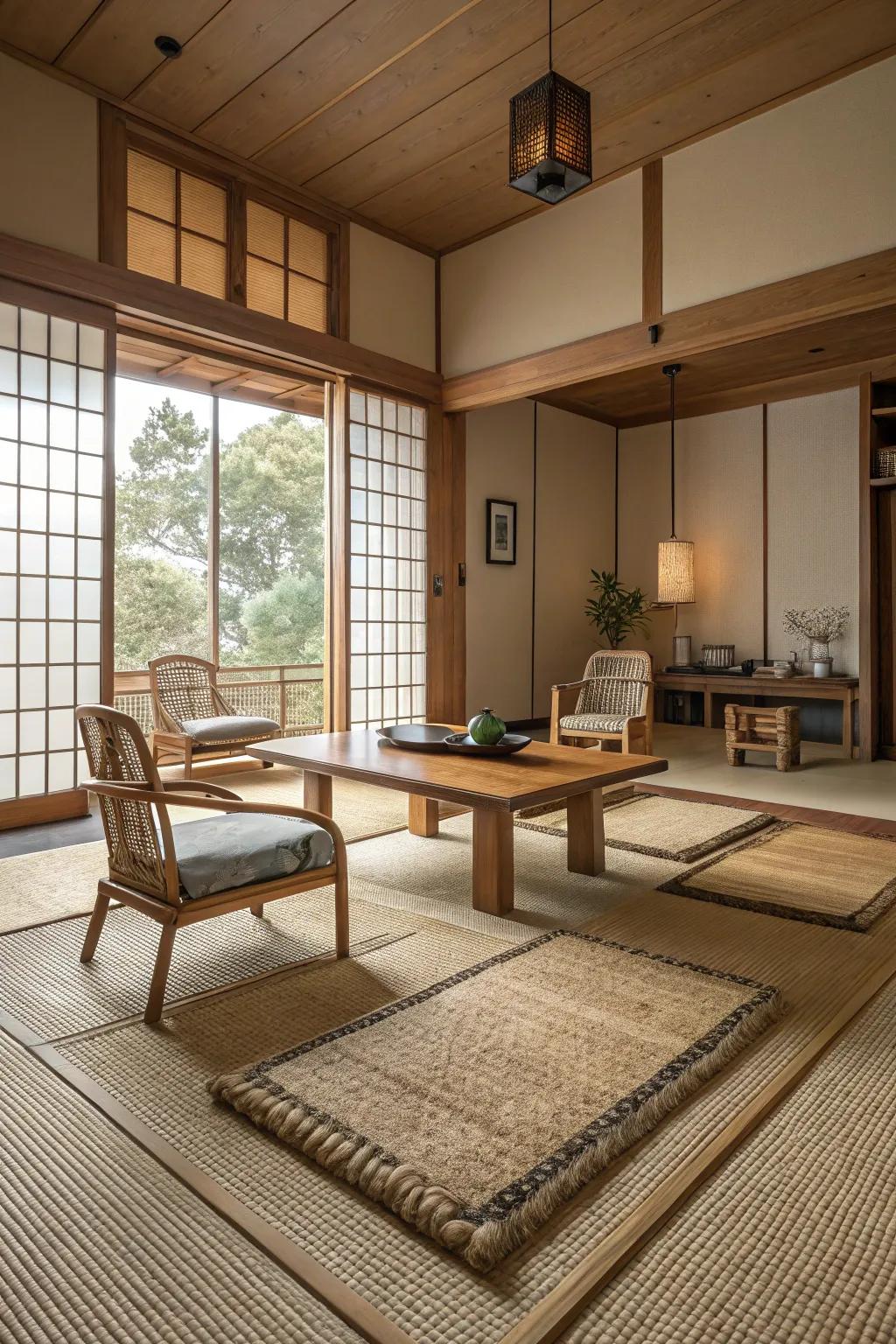 Organic fiber floor coverings complement the wooden furniture in this Japanese living room.