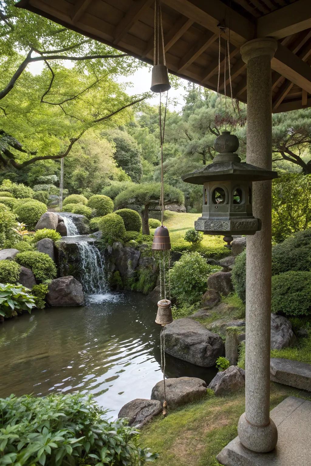 A small waterfall and wind chimes present in a Japanese garden.