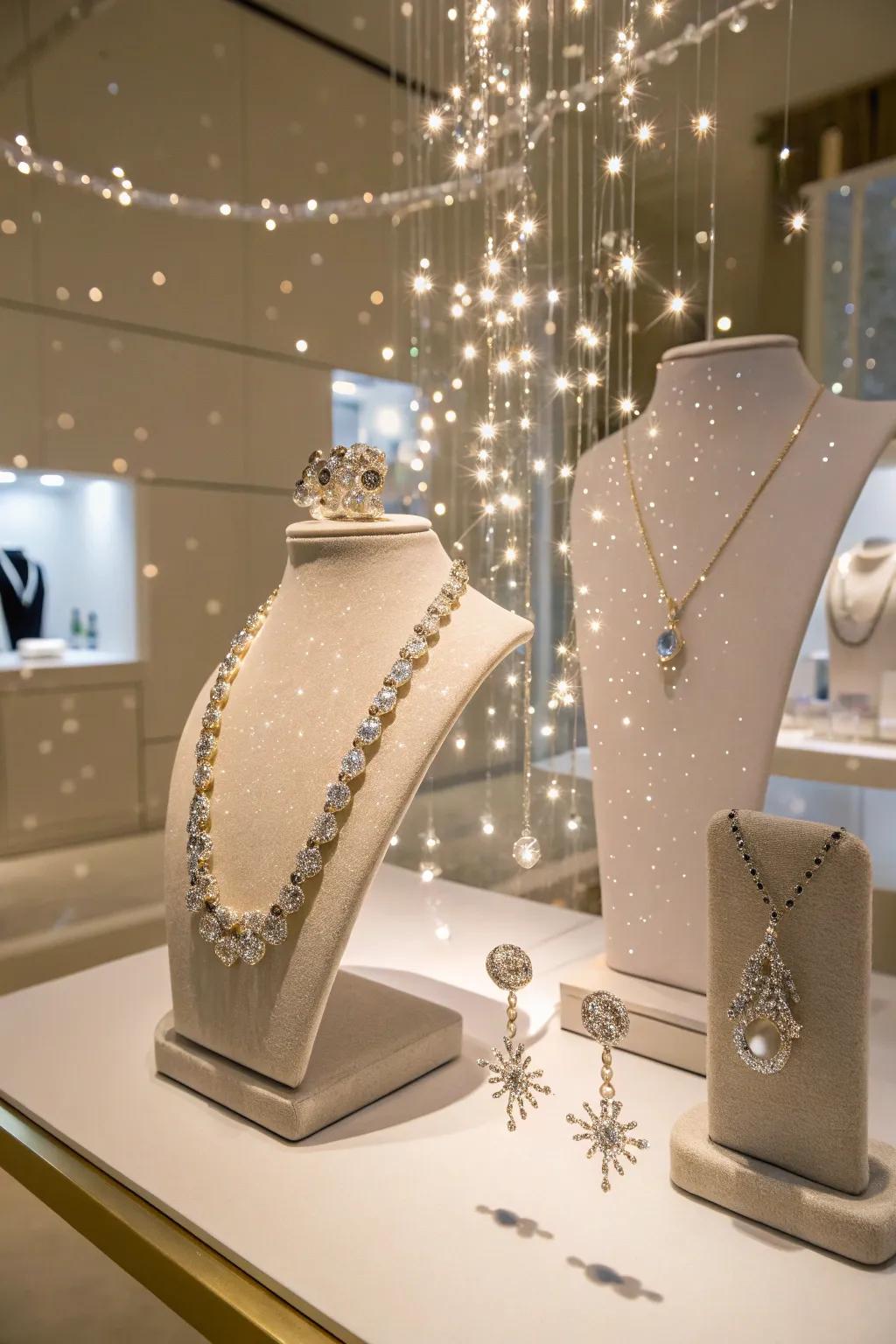 Introduce a magical aspect using floating jewelry displays.