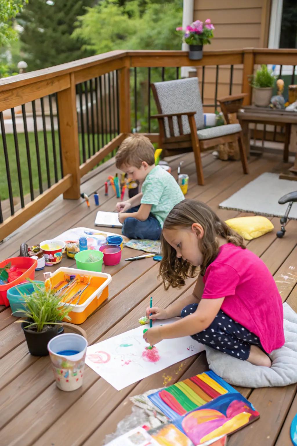 A deck featuring an arts and crafts corner where kids are actively painting and making crafts.