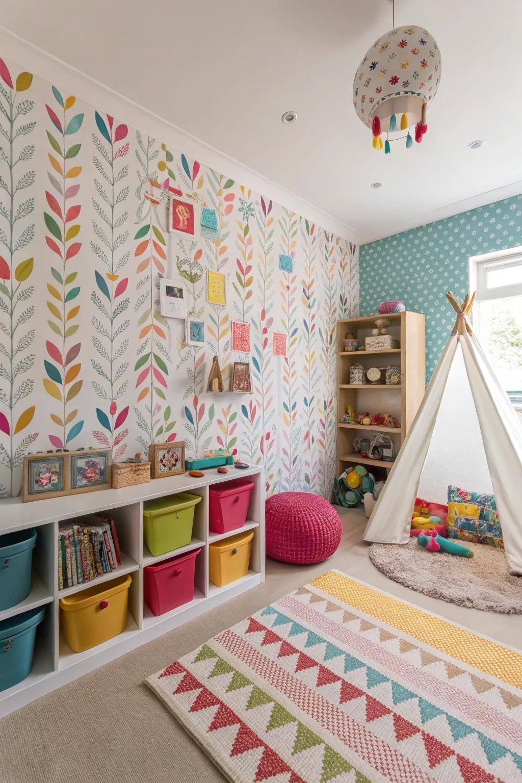 A playroom showcases a mix of various patterned wallpapers for a playful touch.