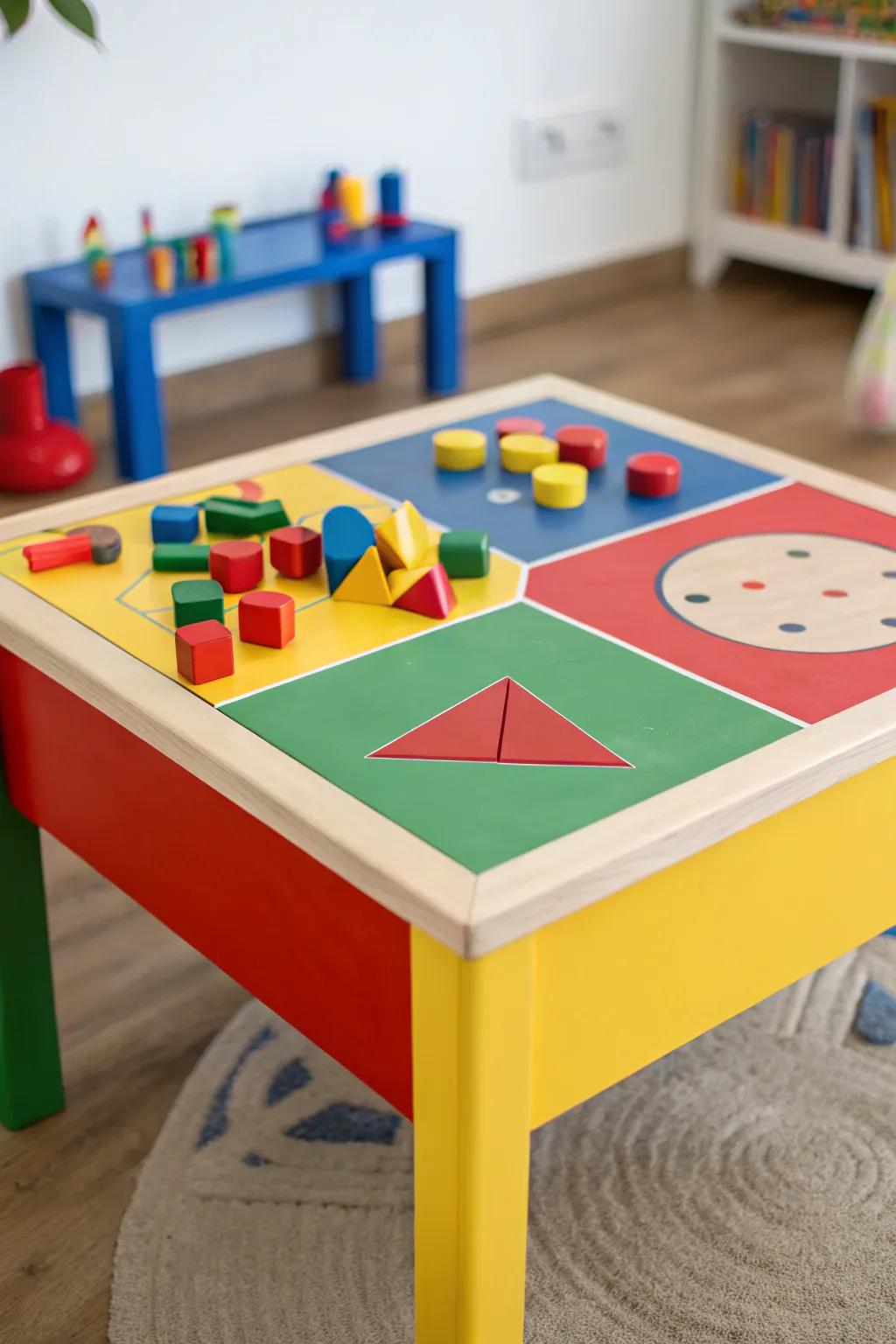 A geometric play table, a modern and artistic addition to playrooms.