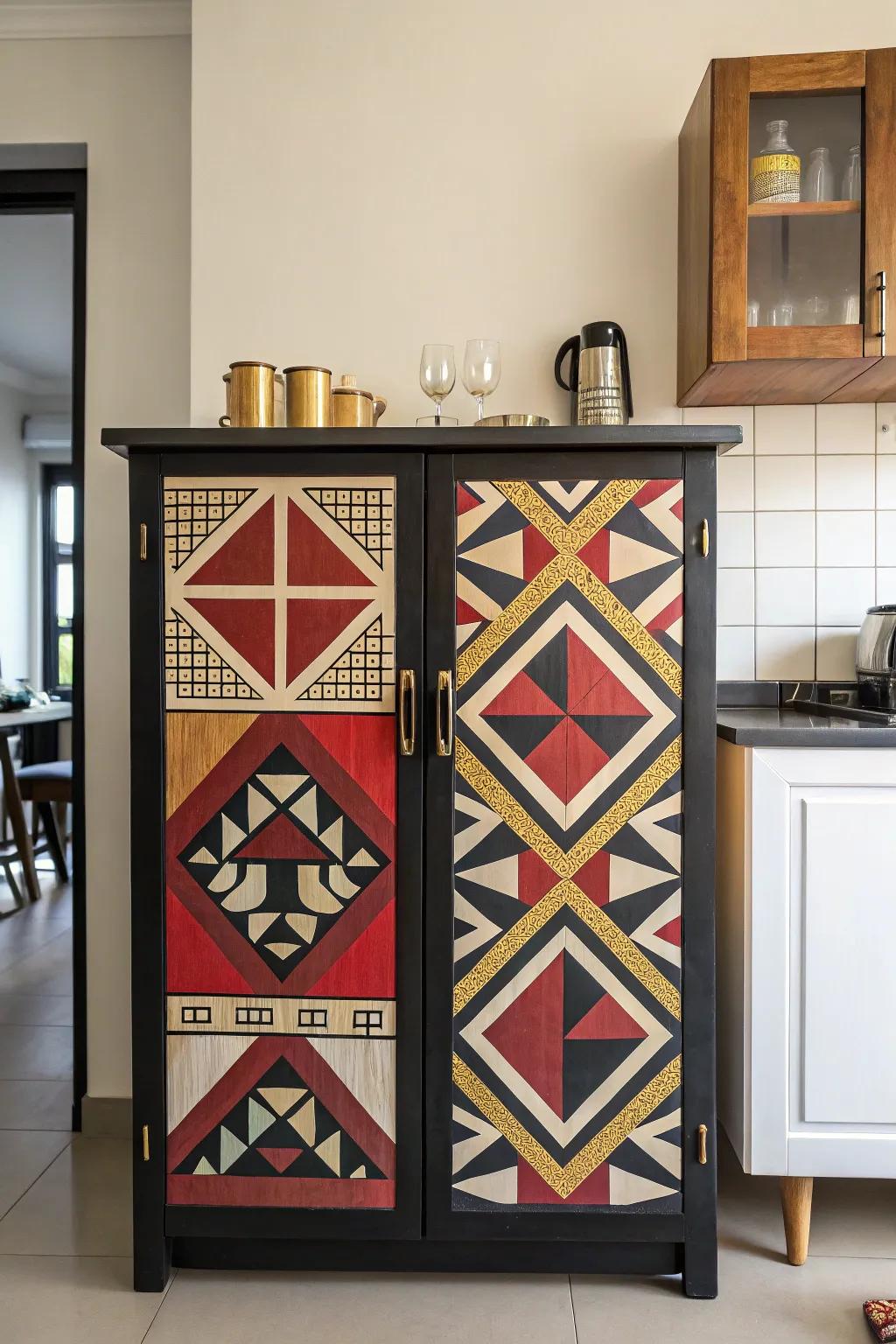 Angled designs add a modern flair to this bar cabinet.
