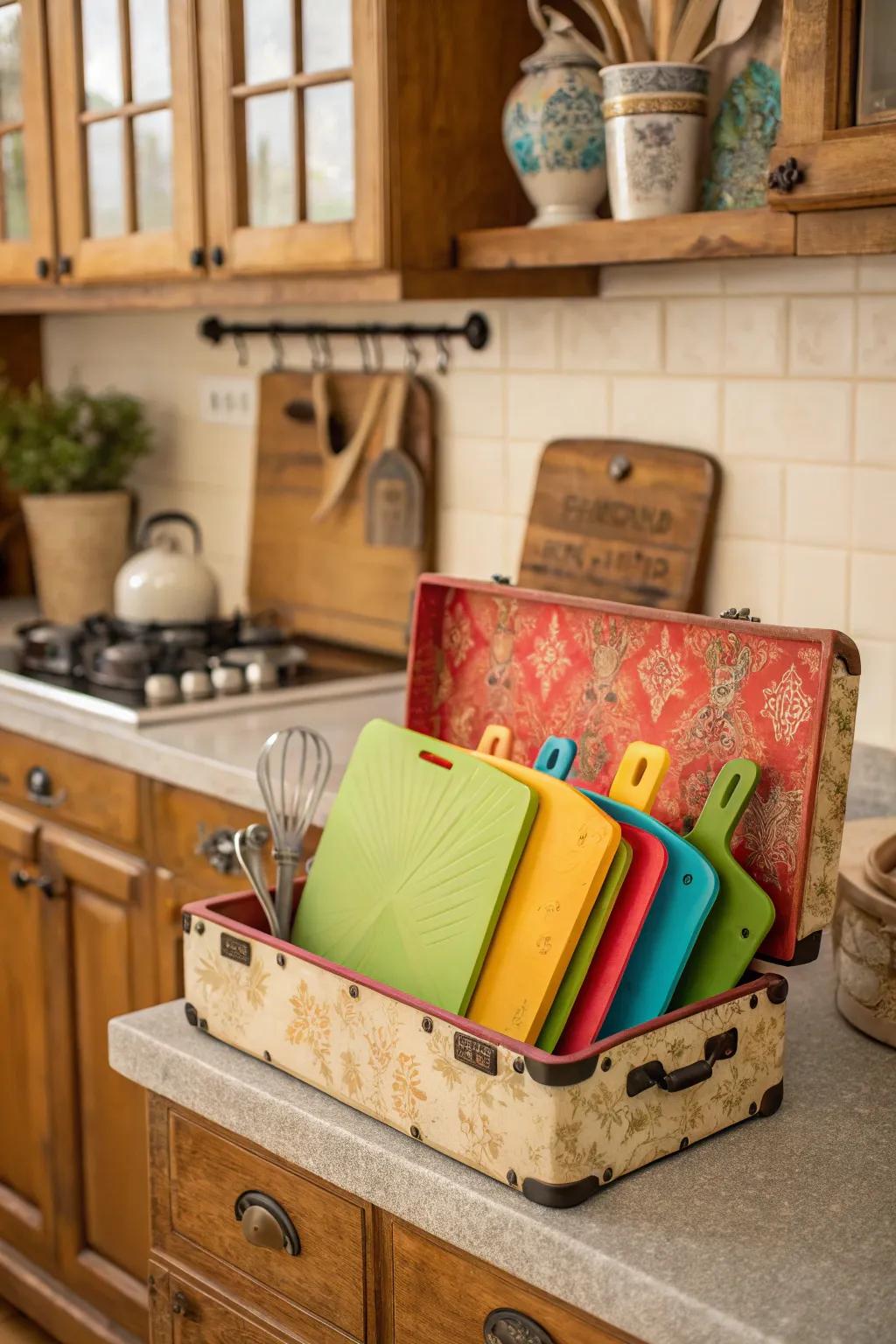 A vintage implement container offers a playful storage solution for chopping surfaces.