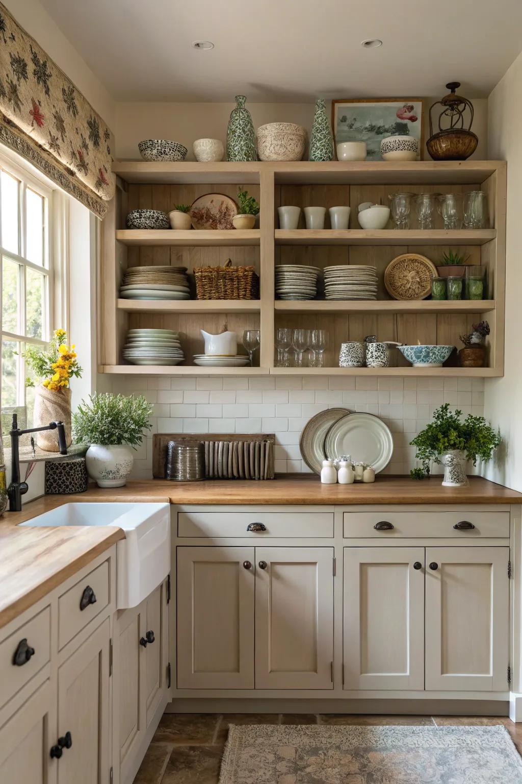 Open shelving adds a modern and airy touch to kitchen design.