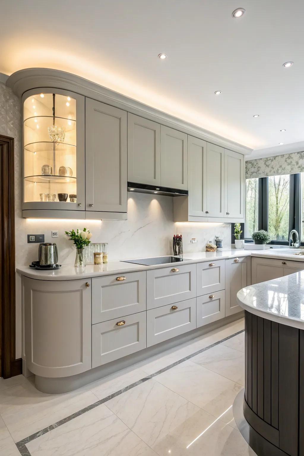 Rounded cabinetry offers a modern aesthetic and space efficiency.
