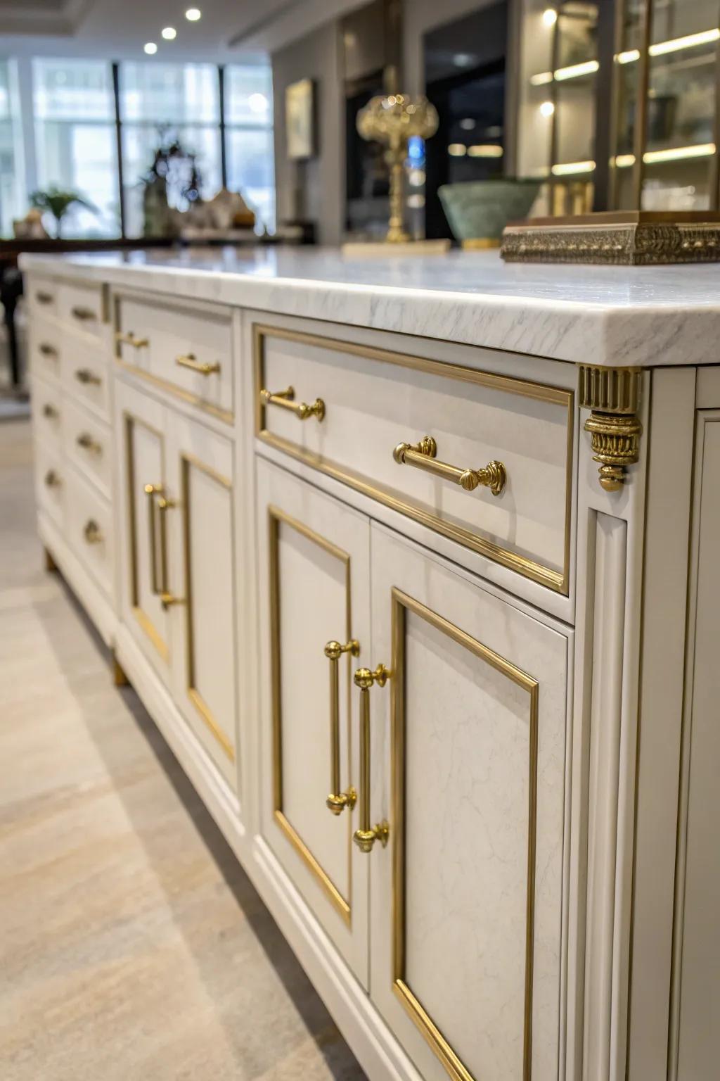 Elegant accents like brass and marble elevate this sideboard's sophistication.