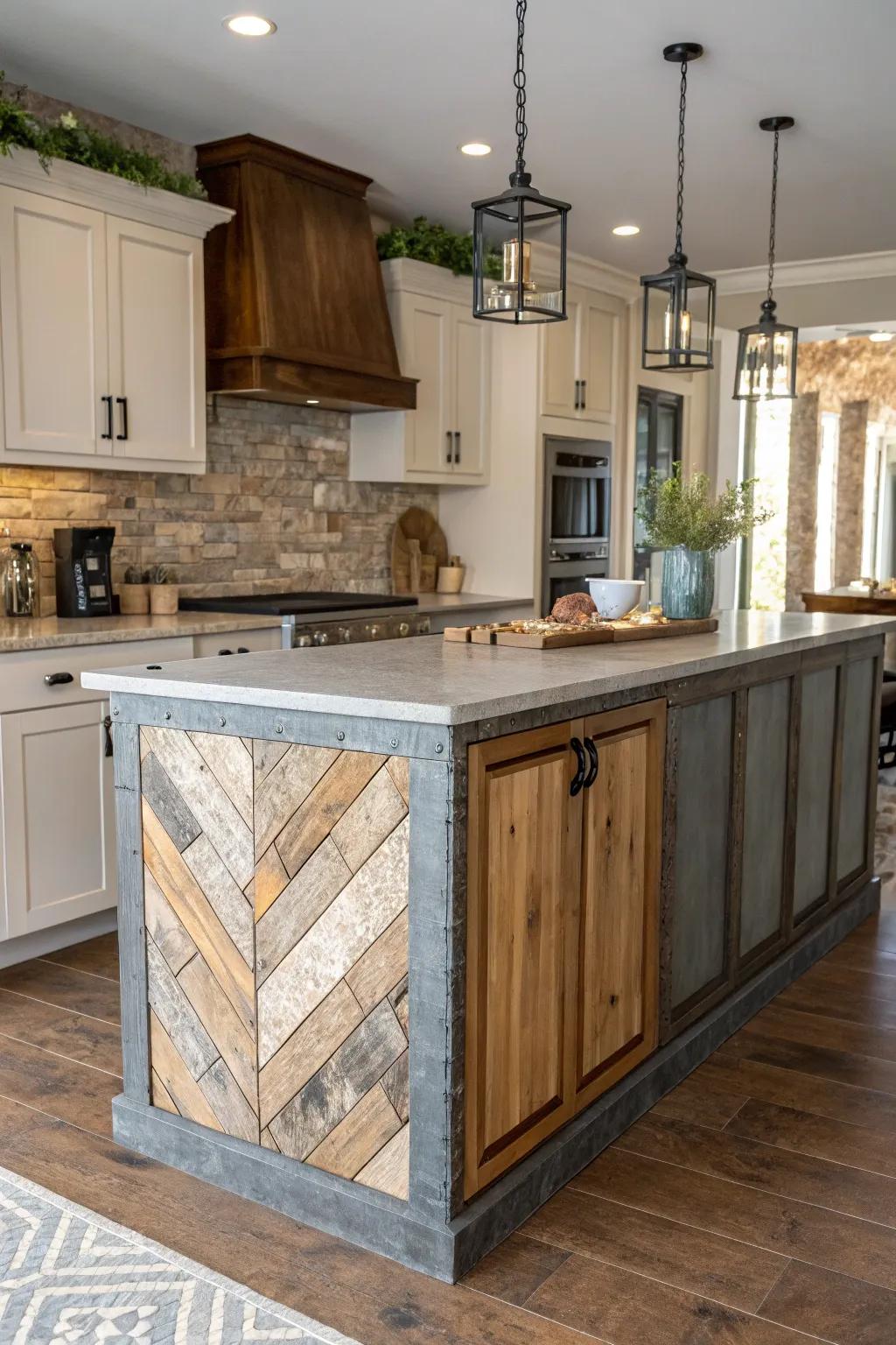 A diverse assortment of elements appends distinctive and individualized style to this cooking area focal point.