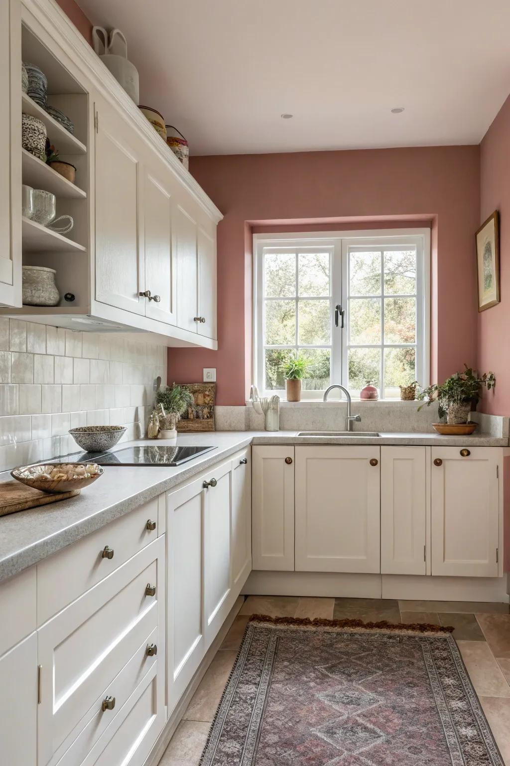 Dusty rose walls add warmth and retro charm.