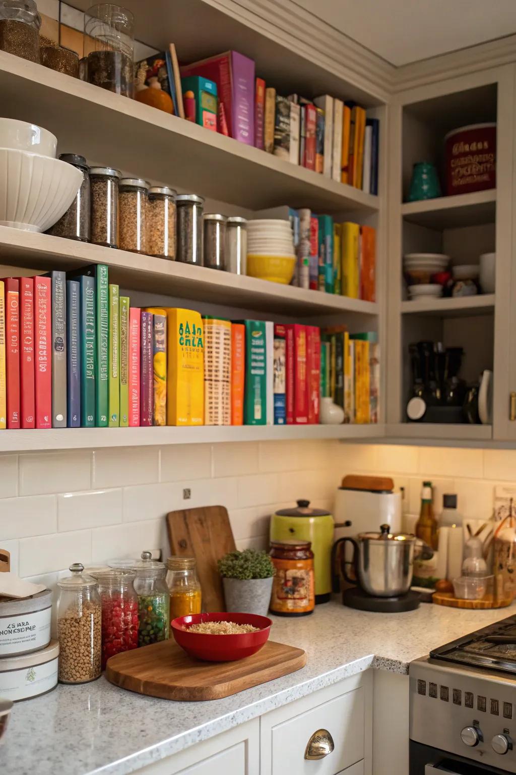 Incorporating literature into your kitchen racks introduces aesthetic variety and retains recipes accessible.