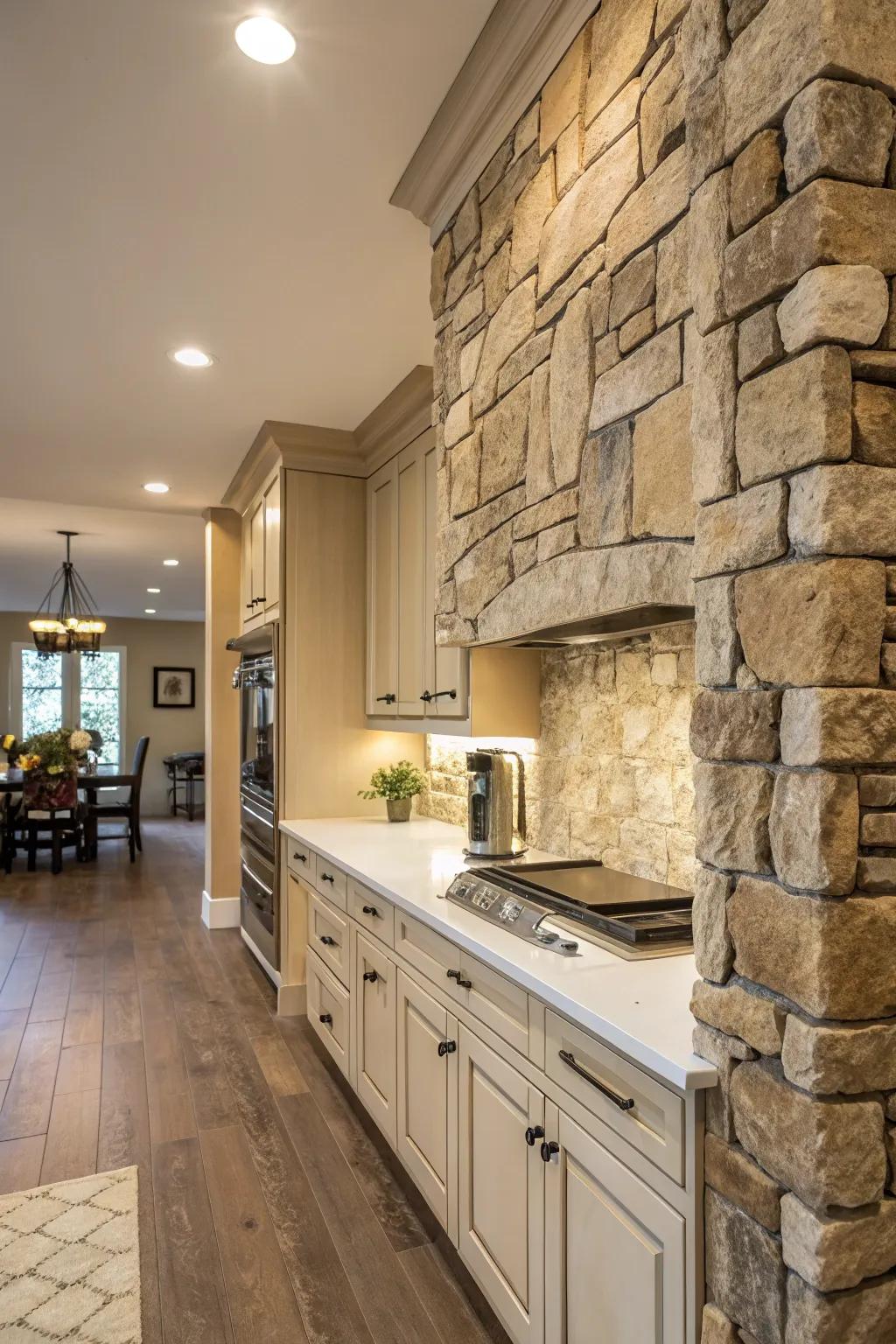 Daring stonework generating an impression throughout the cooking space.