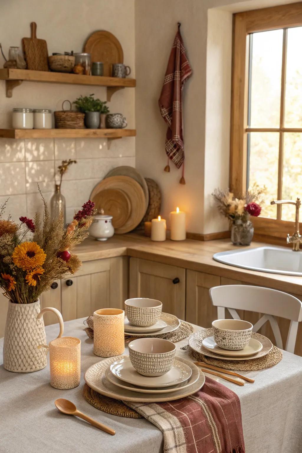 Warm neutral tones produce a cozy and inviting kitchen ambiance.