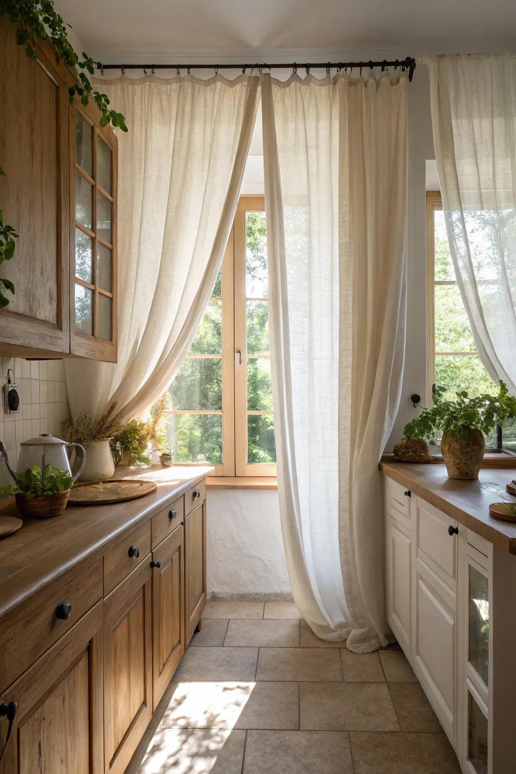 Flax fabrics add softness and elegance to kitchen windows.