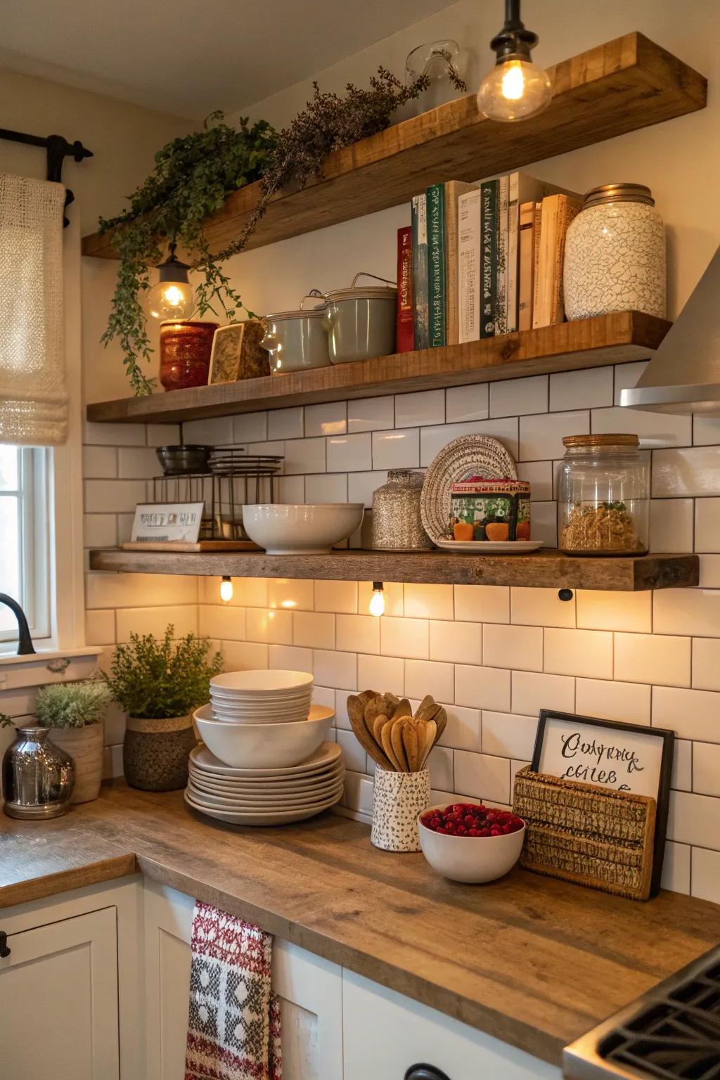 Piled shelves utilize upward space for maximum storage.