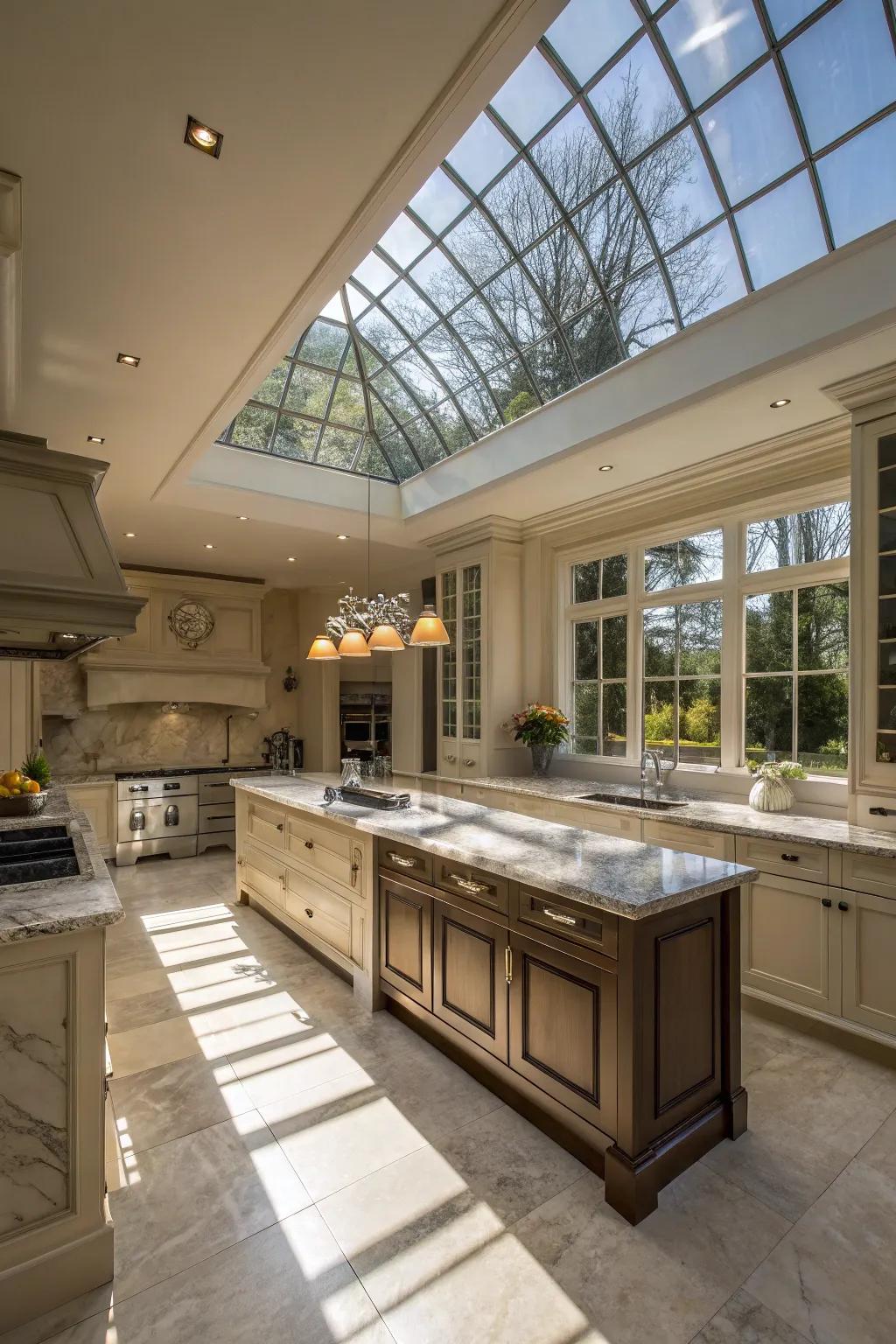 An atrium light adds a touch of luxury to this elegant kitchen.