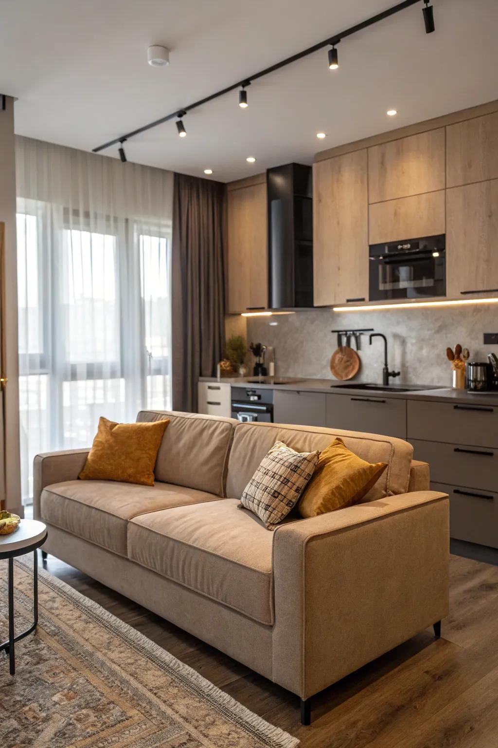A kitchen showcasing a sofa made from stain-resistant fabric, combining practicality with a refined design.