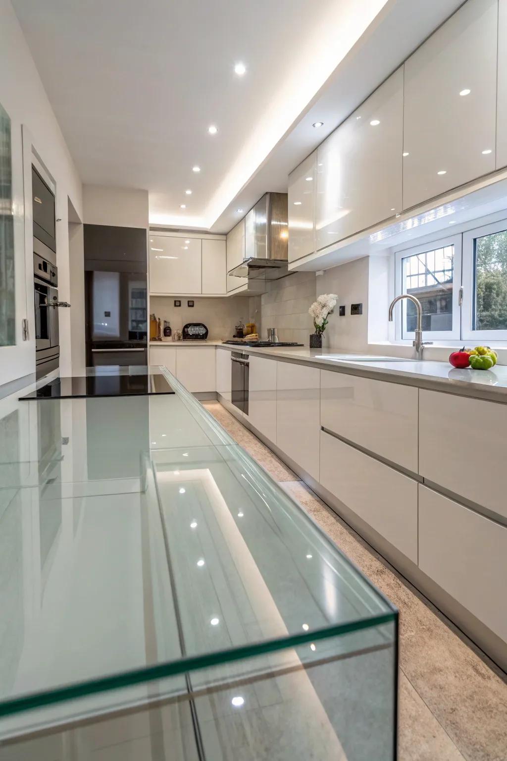 Glass countertops impart a streamlined, contemporary edge to kitchens.