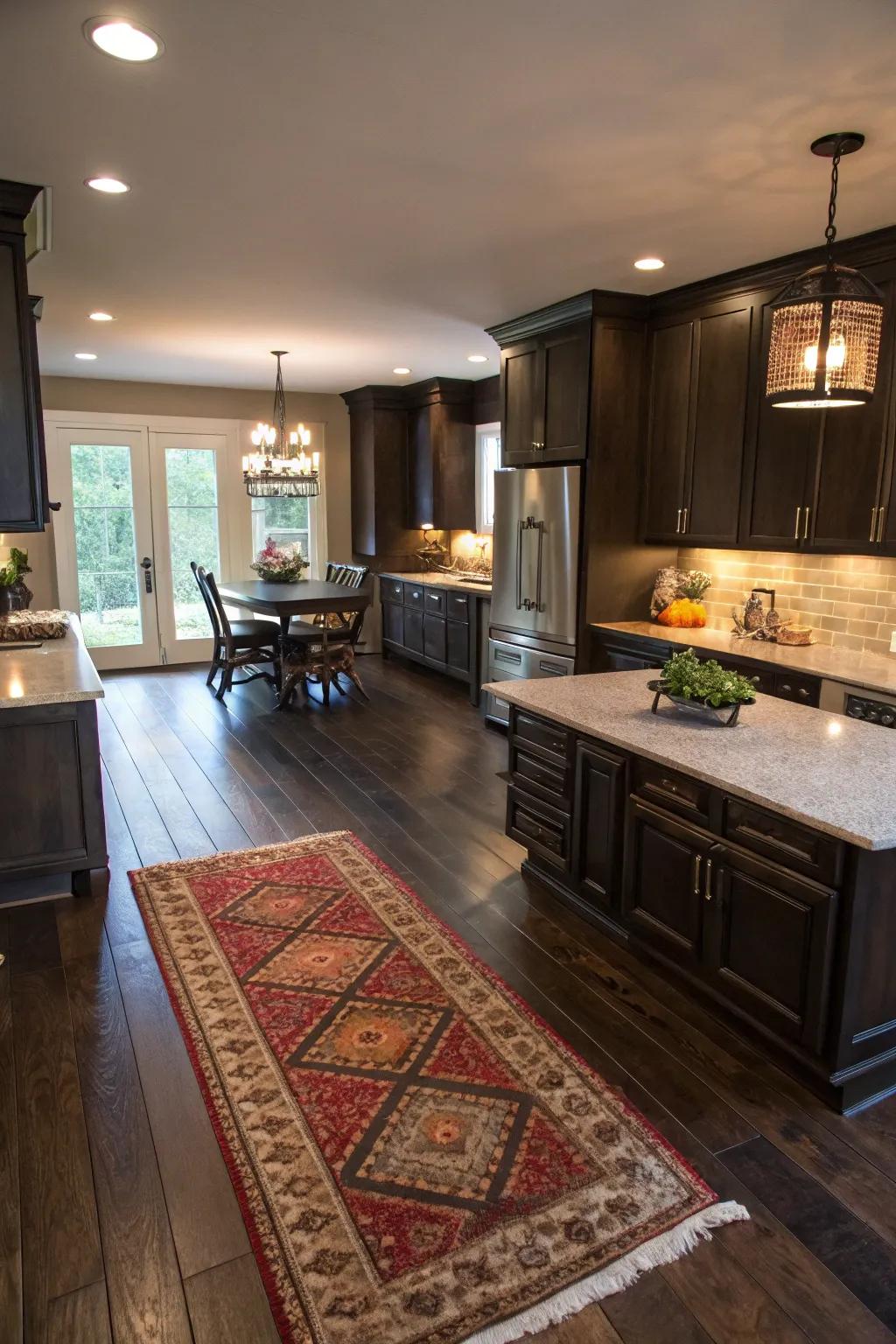 Area ground coverings identify zones and add texture to this kitchen fitted with deep floors.