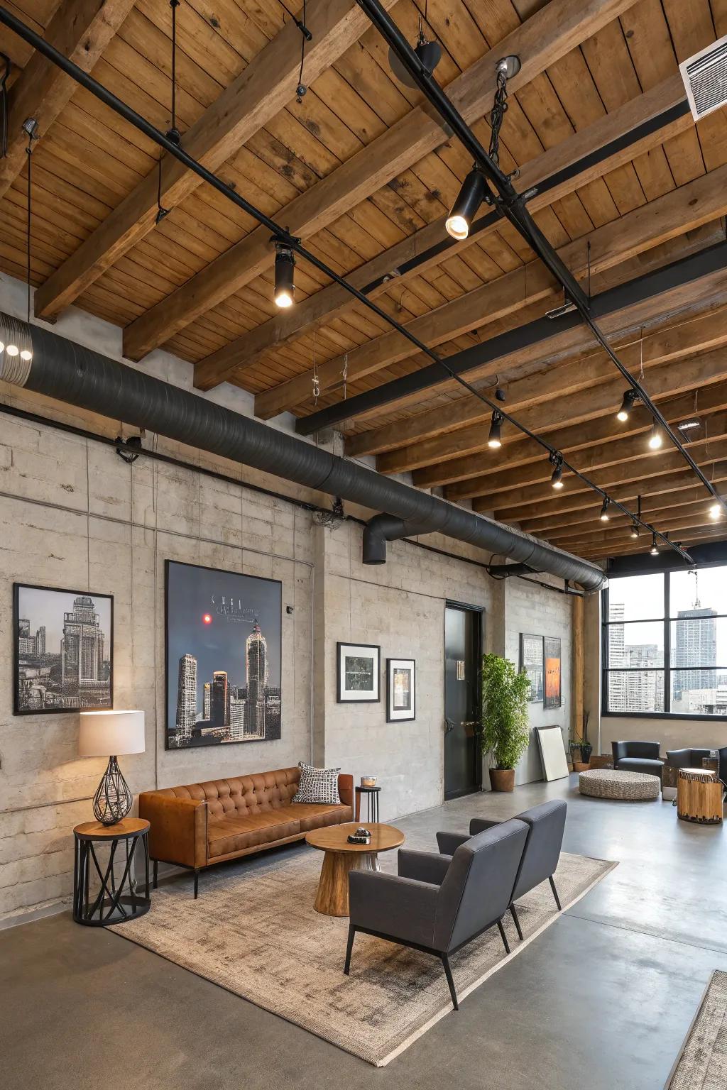 An industrial-style room where pine clad ceilings meet metal aspects.