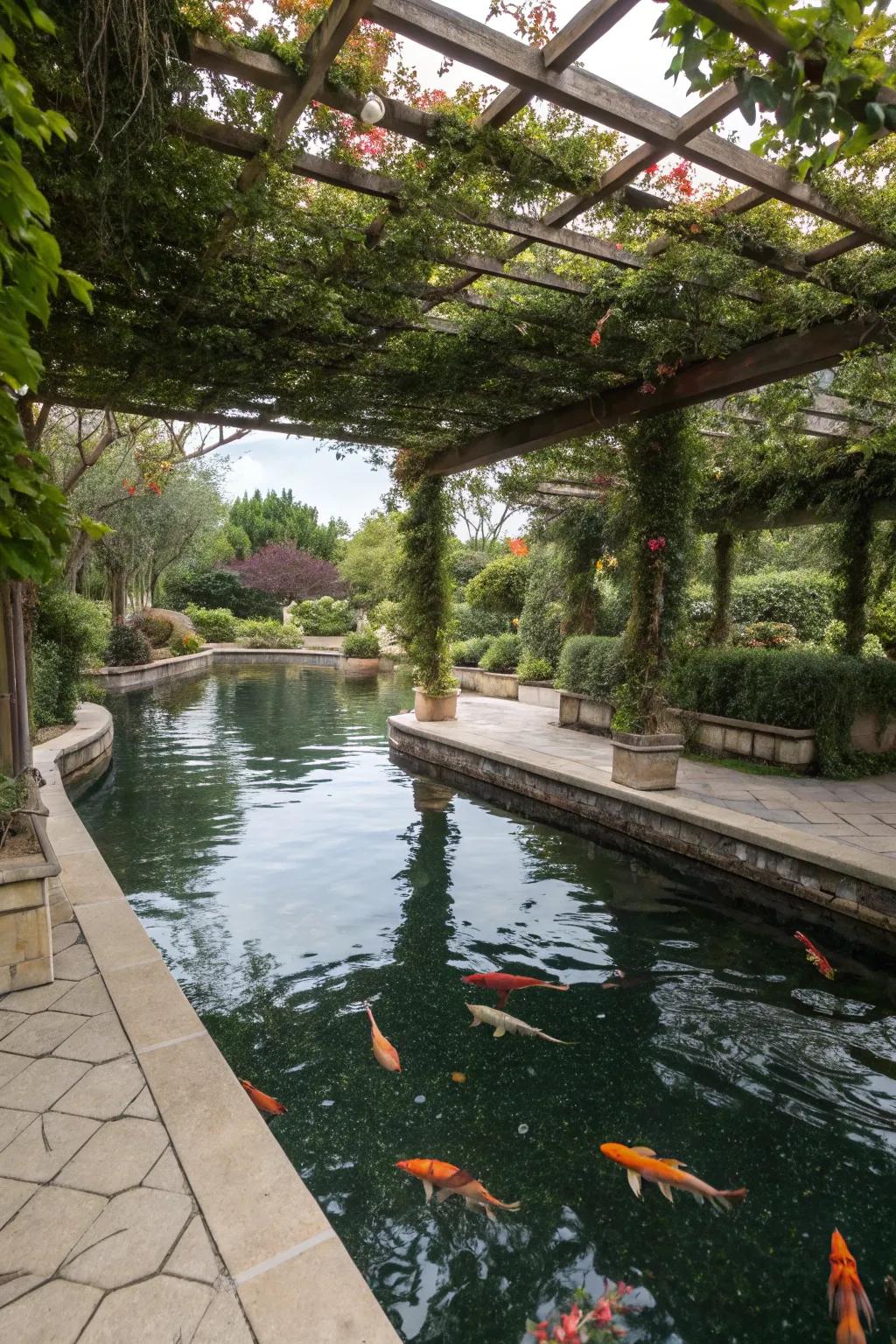 A vine-covered overhead screen shades a koi pond.