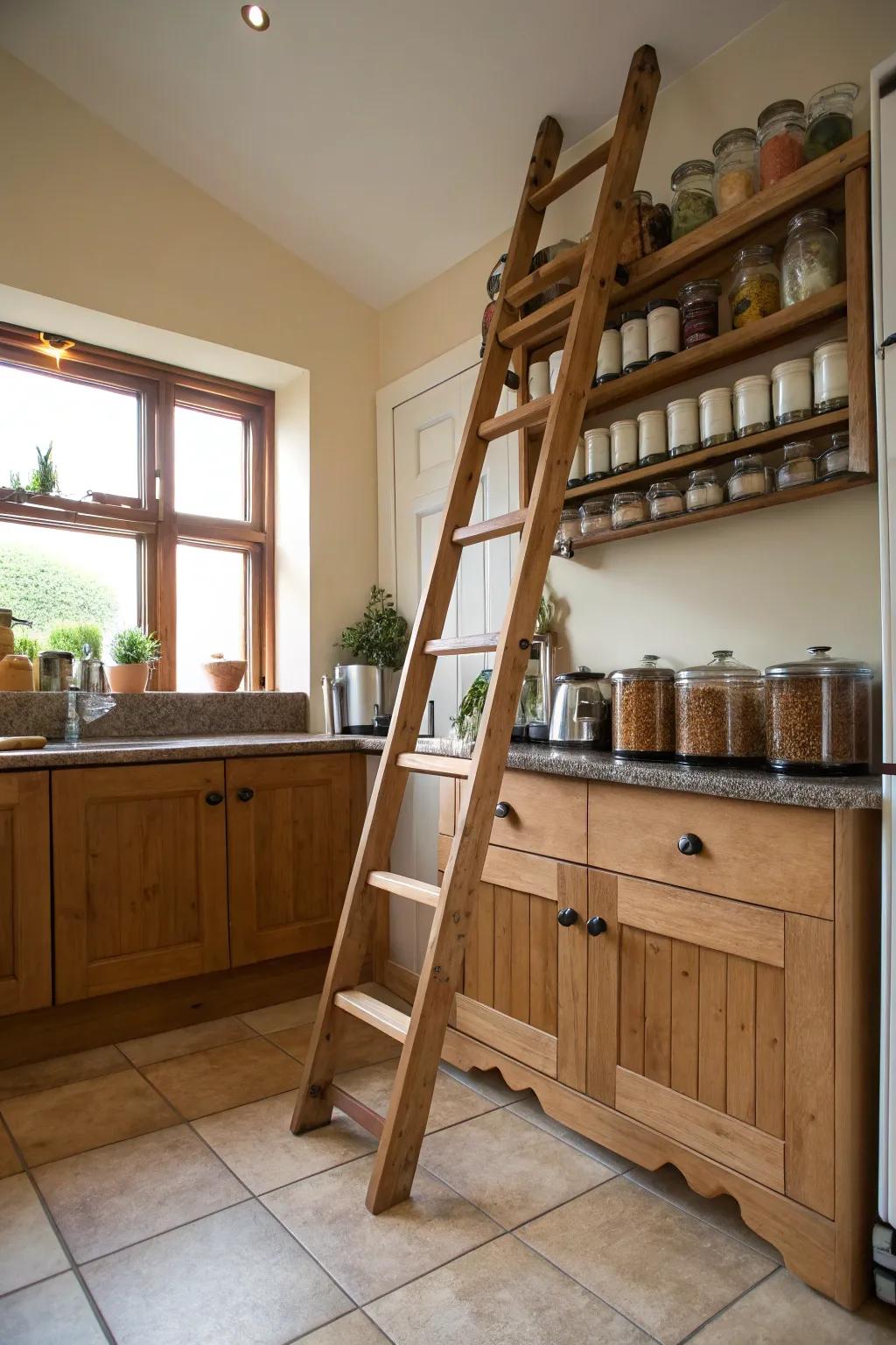 A ladder kitchen organizing solution maximizes space efficiently.