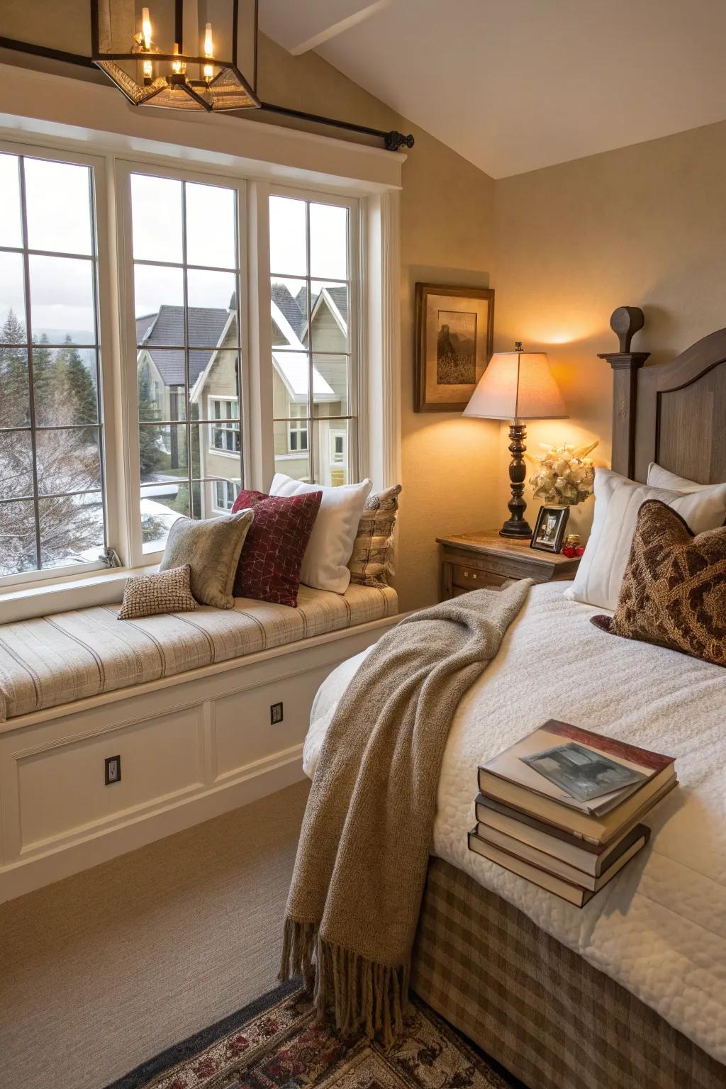 A relaxing nook offers a personal retreat within the bedroom.