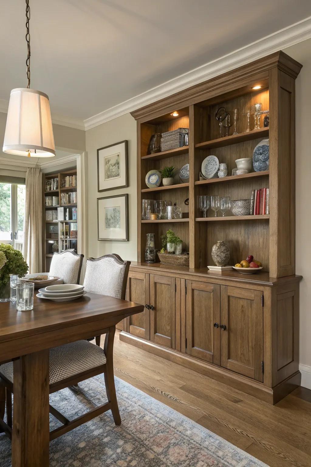 Integrated storage aids in maintaining a tidy and elegant eating area.
