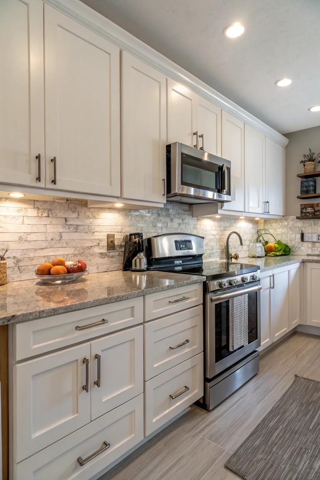 Effortless upkeep using wipe-clean layered backsplash.