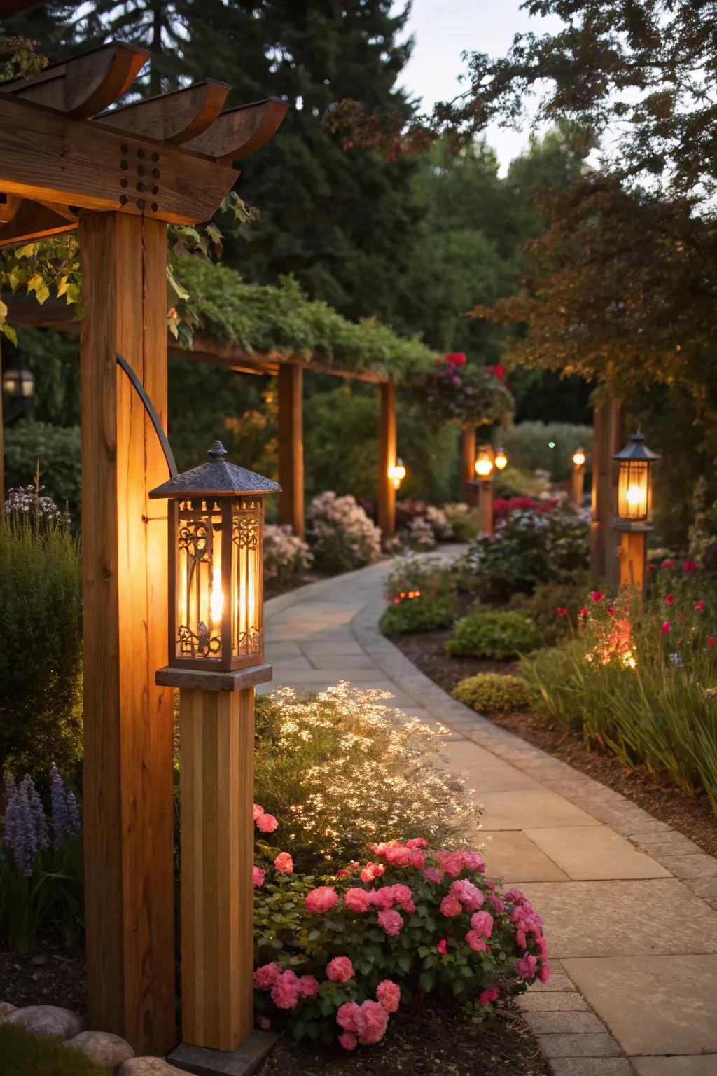 Timber lighting enhances the garden's nighttime charm.