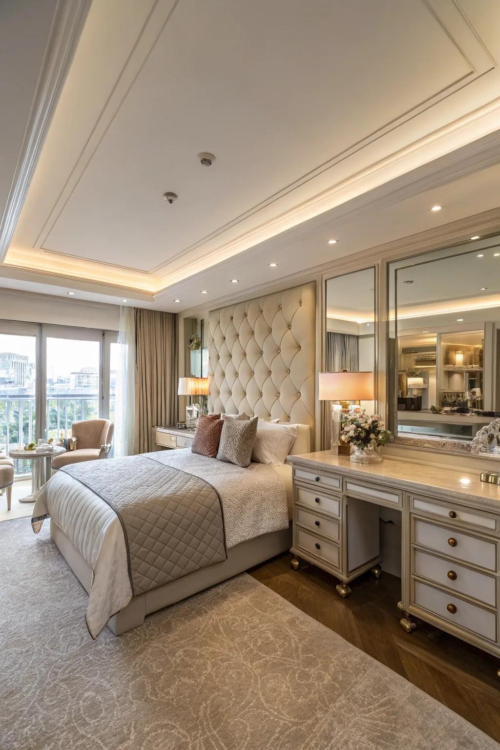 A dedicated dressing area elevates the luxurious ambiance and functionality of this bedroom.