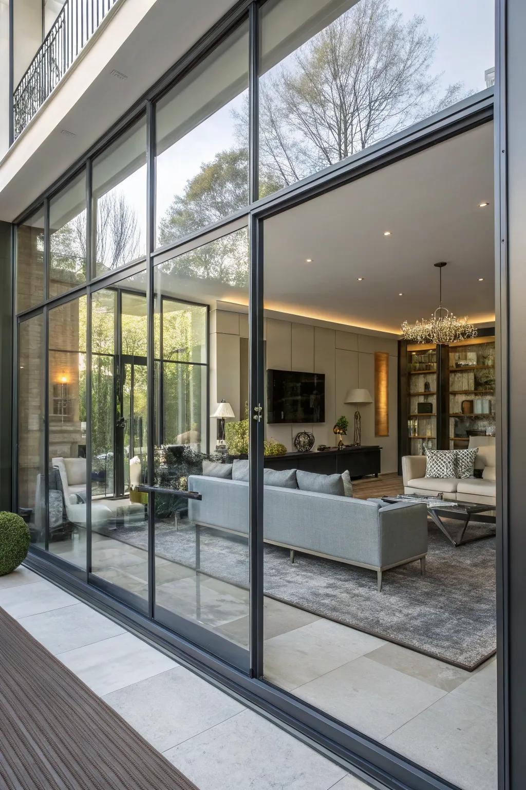 Mirror-effect windows creating intriguing reflections inside the living space.