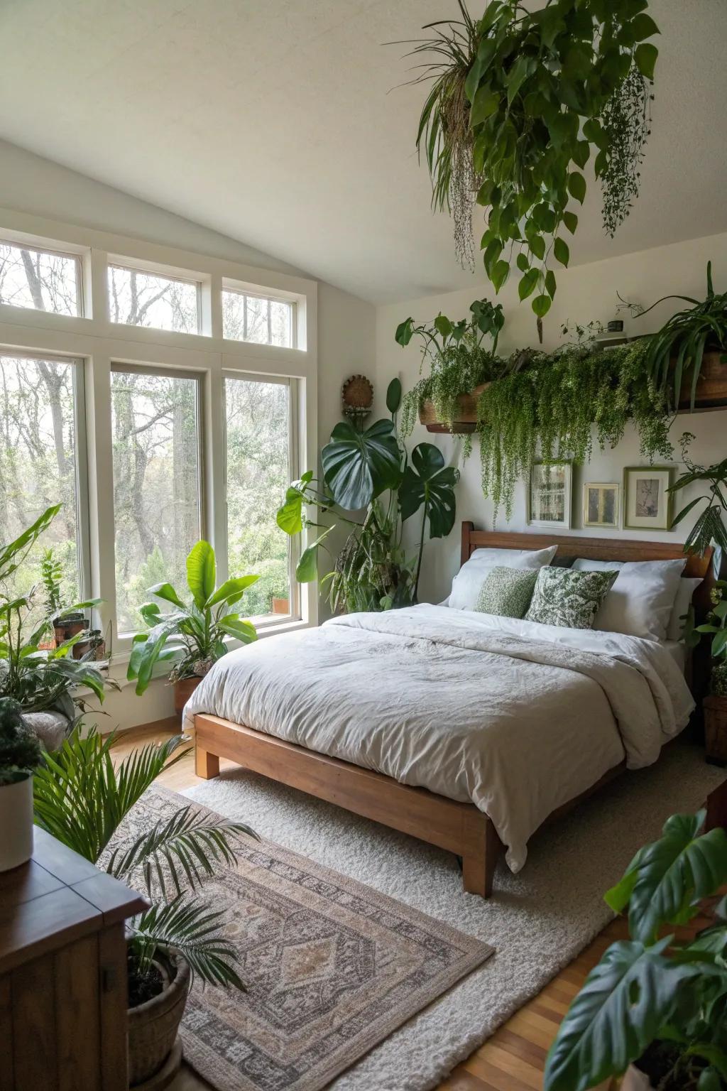 Plants add life to the bedroom.