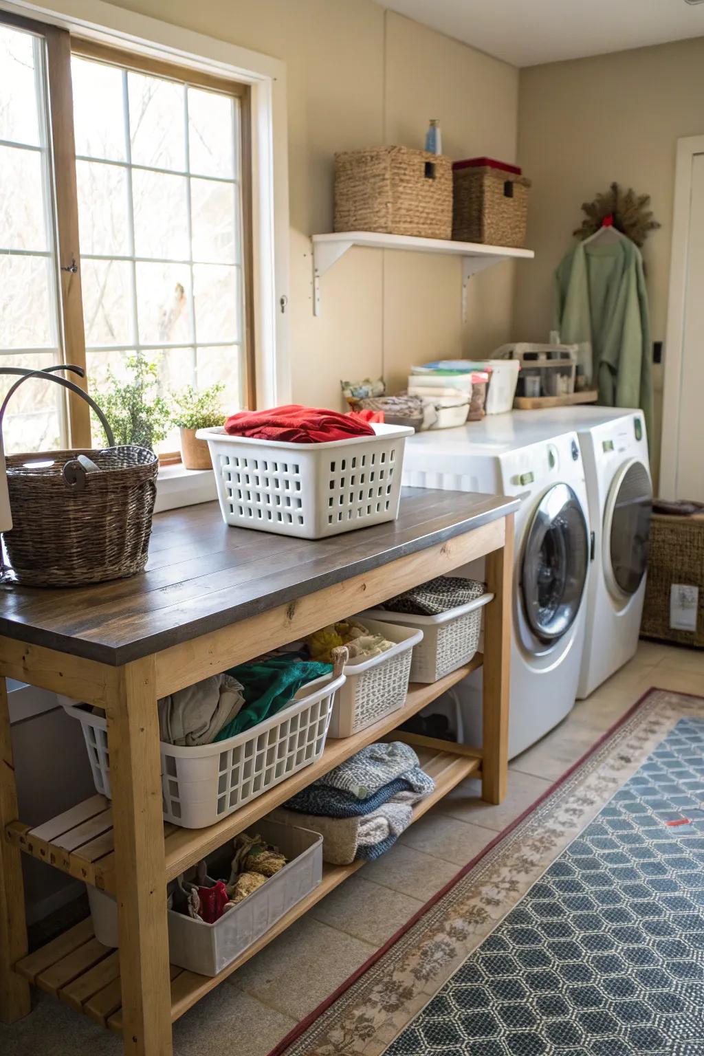 A workbench surface adds versatility to your laundry room.