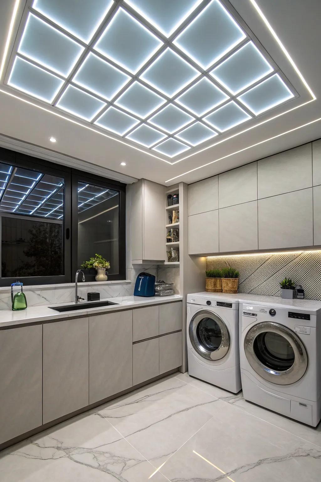 Bright ceiling panels bring a futuristic feel to your laundry area.