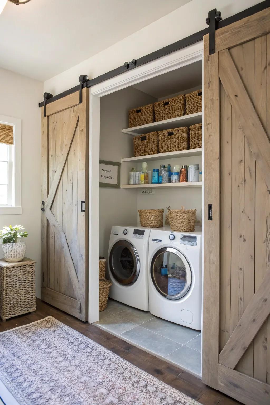 Sliding barn doors introduce charm and practicality to your washing space.