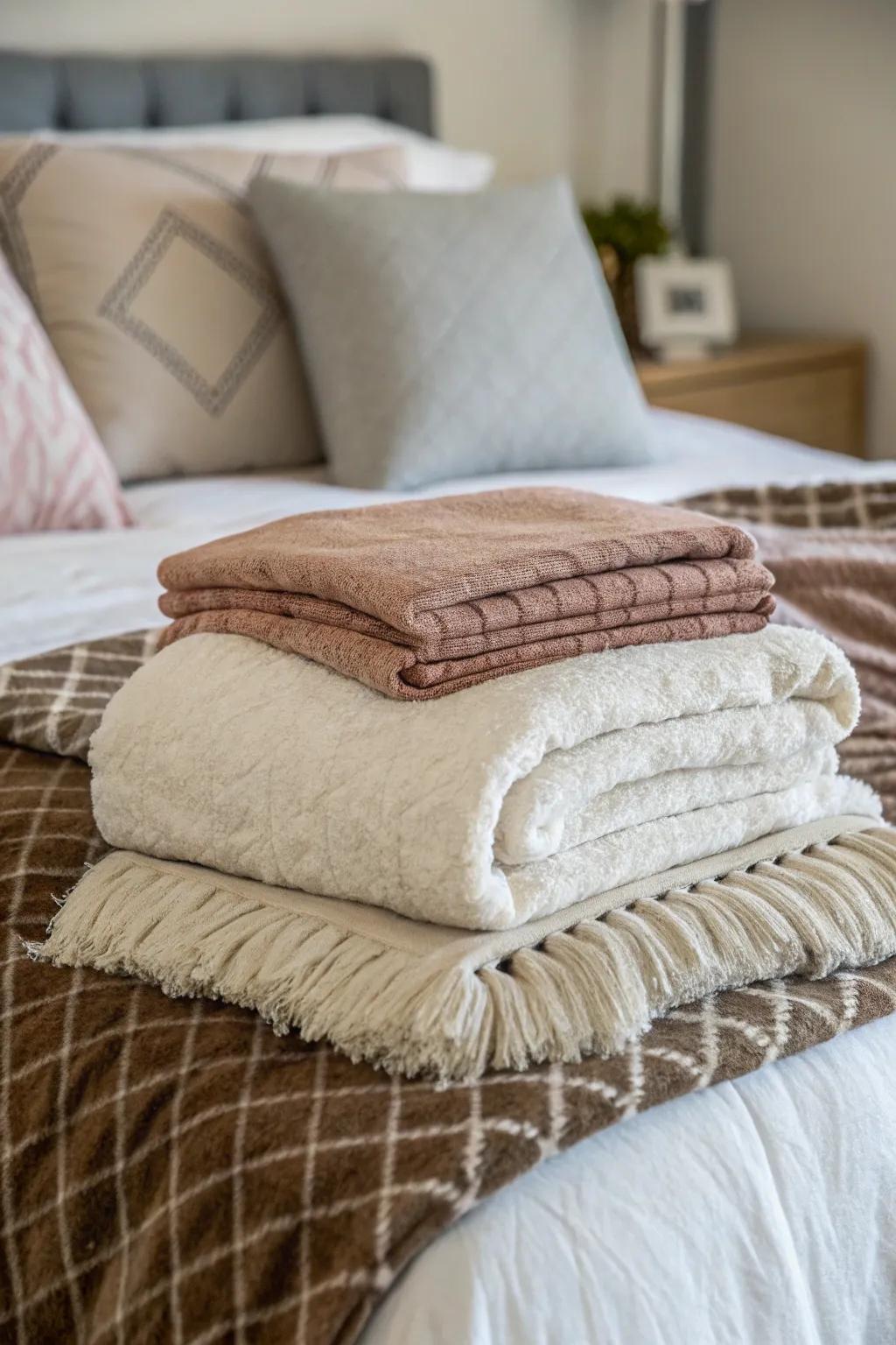 Multiple layered throws adding dimension and warmth to the bed.