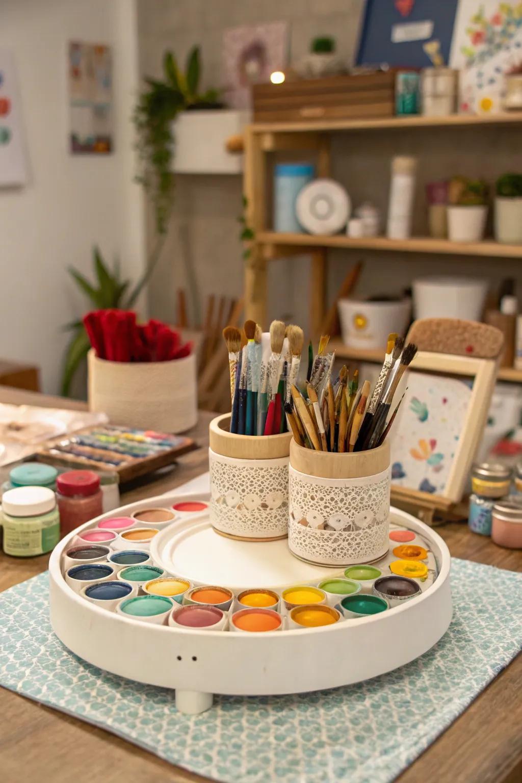 A well-organized crafting station showcasing a lazy Susan.